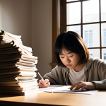 **Prompt 1:** A determined Japanese university student is immersed in study at a desk, surrounded by towering stacks of psychology textbooks and research papers. Scattered near their hands are symbolic representations of money, like coins and bills, subtly emphasizing the significant financial burden of university tuition, exam fees, and living expenses. Despite the visible financial stress, a hopeful light or a supportive hand (perhaps a subtle glow on a scholarship application form) is visible, signifying the student's resilience and the availability of financial aid. The setting is a slightly cluttered but warm study corner, with a window offering a glimpse of a distant university building, blending academic rigor with the real-world financial challenges.