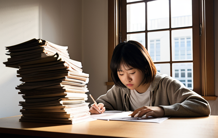 **Prompt 1:** A determined Japanese university student is immersed in study at a desk, surrounded by towering stacks of psychology textbooks and research papers. Scattered near their hands are symbolic representations of money, like coins and bills, subtly emphasizing the significant financial burden of university tuition, exam fees, and living expenses. Despite the visible financial stress, a hopeful light or a supportive hand (perhaps a subtle glow on a scholarship application form) is visible, signifying the student's resilience and the availability of financial aid. The setting is a slightly cluttered but warm study corner, with a window offering a glimpse of a distant university building, blending academic rigor with the real-world financial challenges.